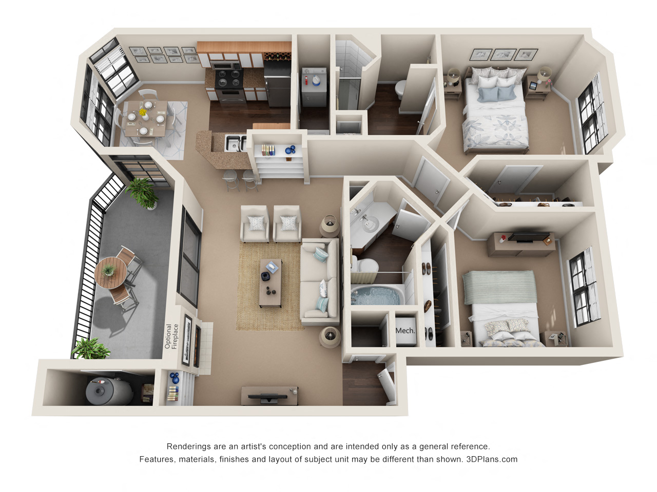Floor plan for 2 beds, 2 baths, 1129 sqft